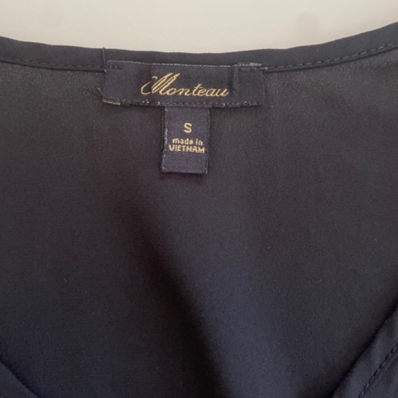 Monteau | Black V-Neck Blouse with Lace Sleeves Elegant Long Sleeve Top, Size S - Picture 7 of 8